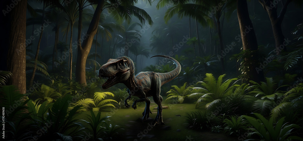 Tyrannosaur Rex in a Jurassic forest - obrazy, fototapety, plakaty 