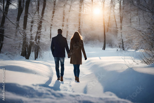 couple man and woman, walking hand in hand along a path in nature in winter with snow