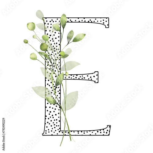 Letter E, floral monogram with watercolor leaf. Letterhead, initial perfectly for wedding invitation, greeting card, logo, poster and other design. Holiday design hand painting. © Larisa