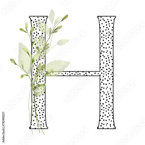 Letter H, floral monogram with watercolor leaf. Letterhead, initial perfectly for wedding invitation, greeting card, logo, poster and other design. Holiday design hand painting.