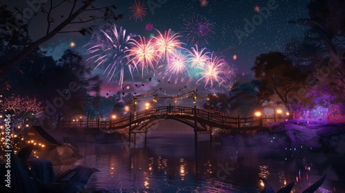 Vibrant fireworks lighting up the sky above a beautifully adorned bridge, celebrating a festive occasion.