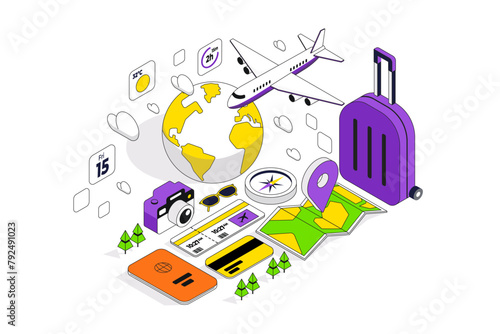 Modern isometric illustration of Travel app. Can be used for website and mobile website or Landing page. Easy to edit and customize. Vector illustration © darkovujic