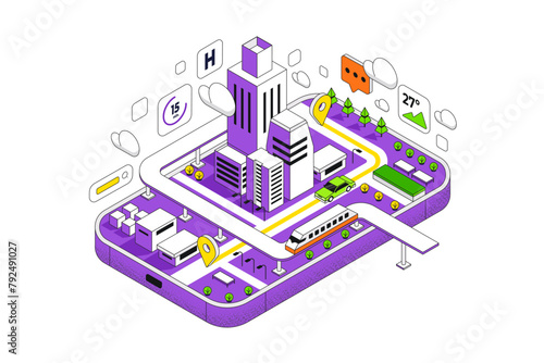 Maps and navigation online on mobile application, isometric city plan with road and buildings, GPS, World Map. Isometric smart city concept. 3d vector illustration. © darkovujic