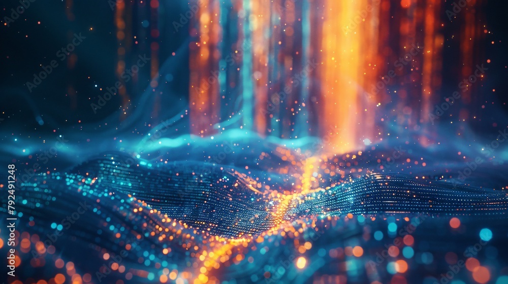 Obraz premium Blue and orange glowing particles form a digital landscape, represent data stream