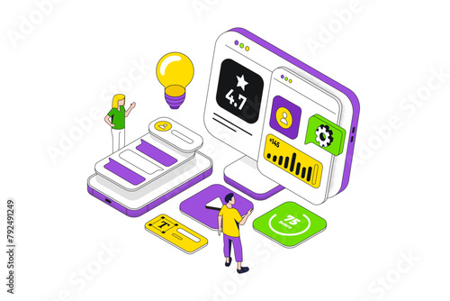 Conceptual template with computer and people building website interface. Scene for web design and development, site builder online tool or service. Modern isometric vector illustration © darkovujic