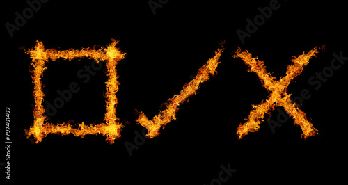 Symbol of check mark fire flame in Fire flames frame on black background photo