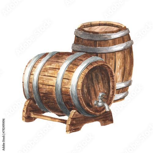 Wooden barrels for wine and cognac, brandy and other alcohol beverage. Hand drawn watercolor illustration isolated on white background © dariaustiugova