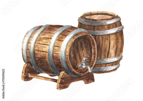 Wooden barrels for wine and cognac, brandy and other alcohol beverage Hand drawn watercolor illustration isolated on white background © dariaustiugova