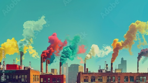 Vibrant smoke plumes rising from chimneys against a clear blue sky, adding a pop of color to the urban landscape photo