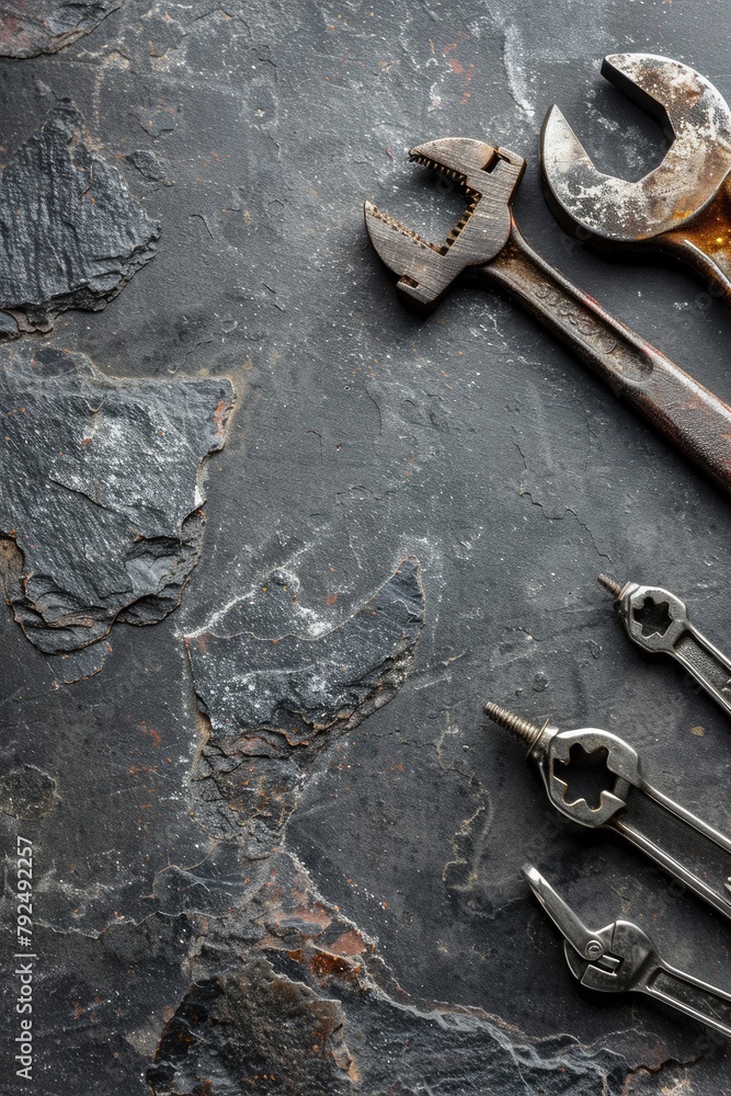 Set of tools and instruments on grey textured background with copy space Set of tools and instruments on grey textured background with copy space