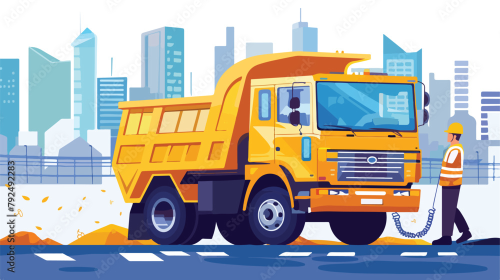 Garbage truck with driver on abstract cityscape background