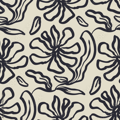 Tableau sur toile Monochrome black and white brush strokes inky flowers seamless pattern