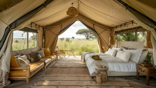 Luxurious safari tent in wilderness with plush furnishings and private savanna view. Concept Luxury Accommodation, Safari Experience, Wilderness Retreat, Plush Furnishings, Savanna Views © Ян Заболотний
