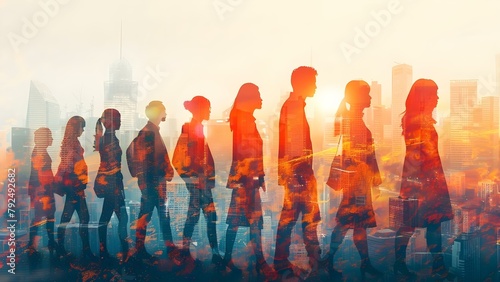 Global teamwork success depicted in double exposure image of city business conference. Concept Double Exposure, Global Teamwork, Success, City, Business Conference photo