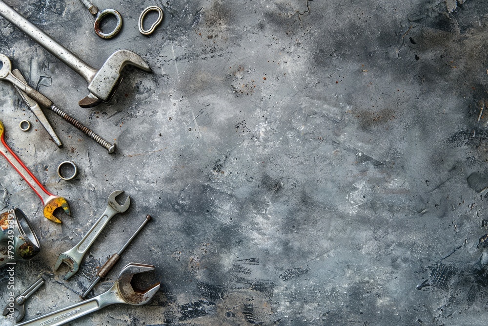 Set of tools and instruments on grey textured background with copy space Set of tools and instruments on grey textured background with copy space