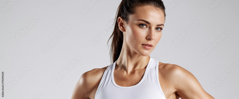 Young brunette Caucasian fit sexy woman in white sportswear standing isolated on a gray background. Studio portrait of a healthy muscular female. Young brunette Caucasian fit sexy woman in white sportswear standing isolated on a gray background. Studio portrait of a healthy muscular female.