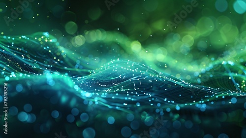 Green and blue glowing particles form a wave-like surface.