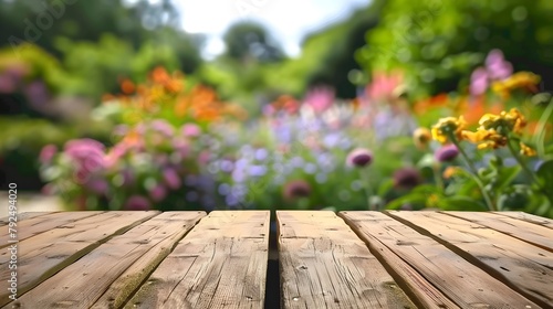 The wooden table top stands empty, with the background of a garden in a delightful blur. For Design, Background, Cover, Poster, Banner, PPT, KV design, Wallpaper