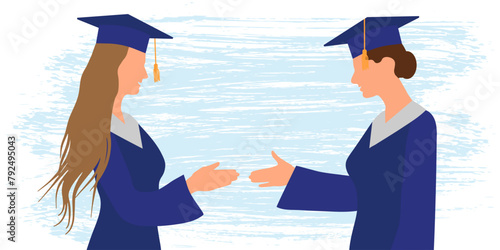 Two female graduates students shake hands on graduation event. Vector illustration