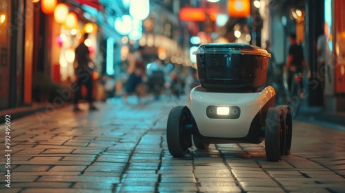 Closeup of a food delivery robot navigating crowded streets and delivering meals to customers utilizing AI algorithms to optimize delivery routes for efficiency and reducing carbon .