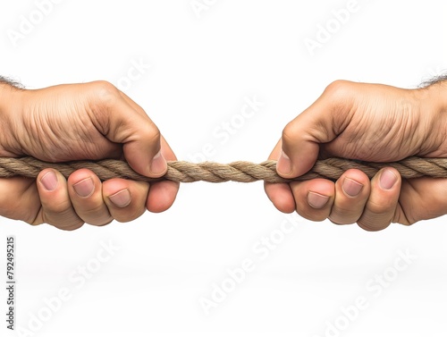 Two hands engaged in a tug of war, pulling a rope with strength and determination on a white background.
