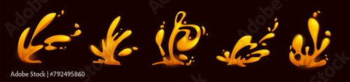 Volcanic lava splashes set isolated on black background. Vector cartoon illustration of volcano eruption magma flow, hot orange substance burst, magic effect, burning stream, vfx game design elements