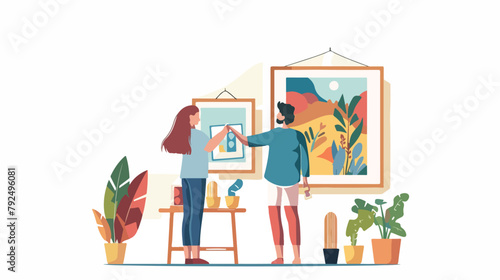 Man and woman hanging picture on the wall. Vector flat