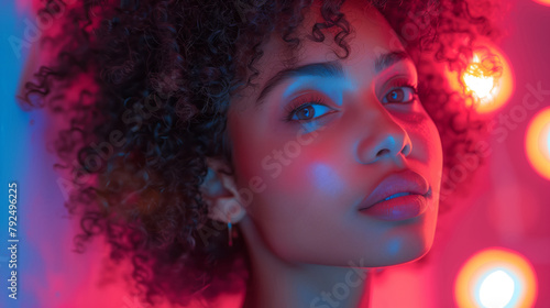  Woman With Curly Hair And Freckles In A Vivid Red Neon Glow  Exuding Enchantment And Grace