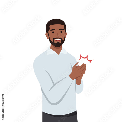Young black man claps his hands. Gesture of admiration. Bravo. Flat vector illustration isolated on white background