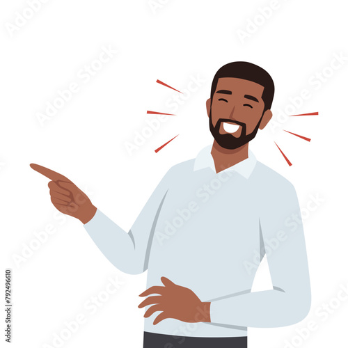 Young black man laughing while pointing. Flat vector illustration isolated on white background