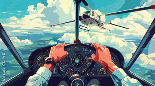 Man hands of a driver on steering wheel of a helicopt