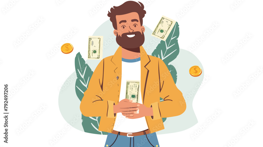 Man holding money banknotes. Vector flat style illustration