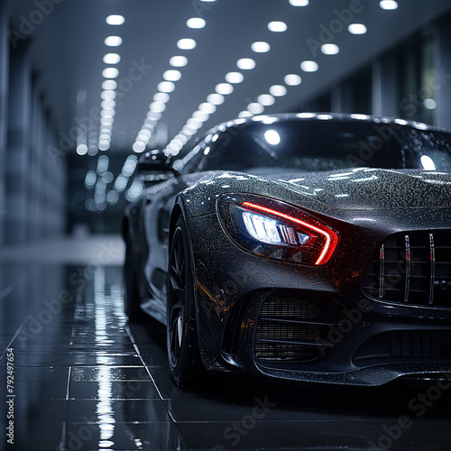 Luxury expensive car parked on dark background. Sport and modern luxury design gray car. Shiny clean lines and detailed front view of modern automotive. Automotive advertising banner  ai technology