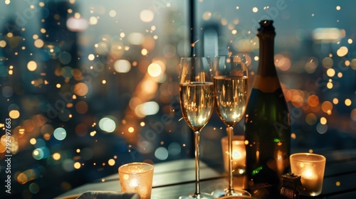 A hazy background of glittering city lights and towering skysers gives a glimpse of a lavish rooftop party complete with flowing champagne and highend fashion. .