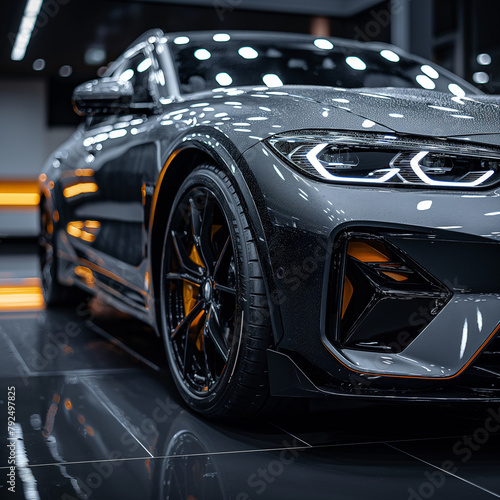 Luxury expensive car parked on dark background. Sport and modern luxury design gray car. Shiny clean lines and detailed front view of modern automotive. Automotive advertising banner  ai technology