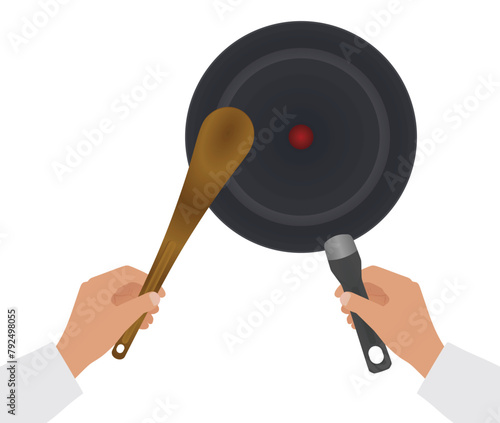 Hand hold frying pan. vector