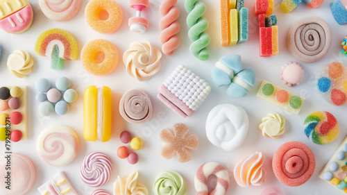Assorted colorful candies and gummies arranged on a white background. photo