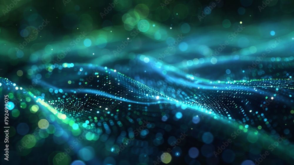 Teal and green glowing particles form into a wave pattern. Teal and green glowing particles form into a wave pattern.