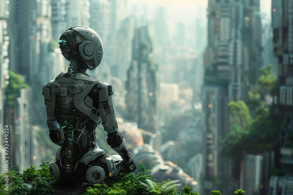AI human in urban future, technology integration, vast copy space, pristine backdrop AI human in urban future, technology integration, vast copy space, pristine backdrop