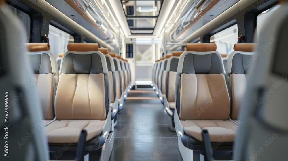 Closeup of spacious and comfortable interior The interior of these modern transport systems are designed with passenger comfort in mind. With ample seating climate control and ADA .
