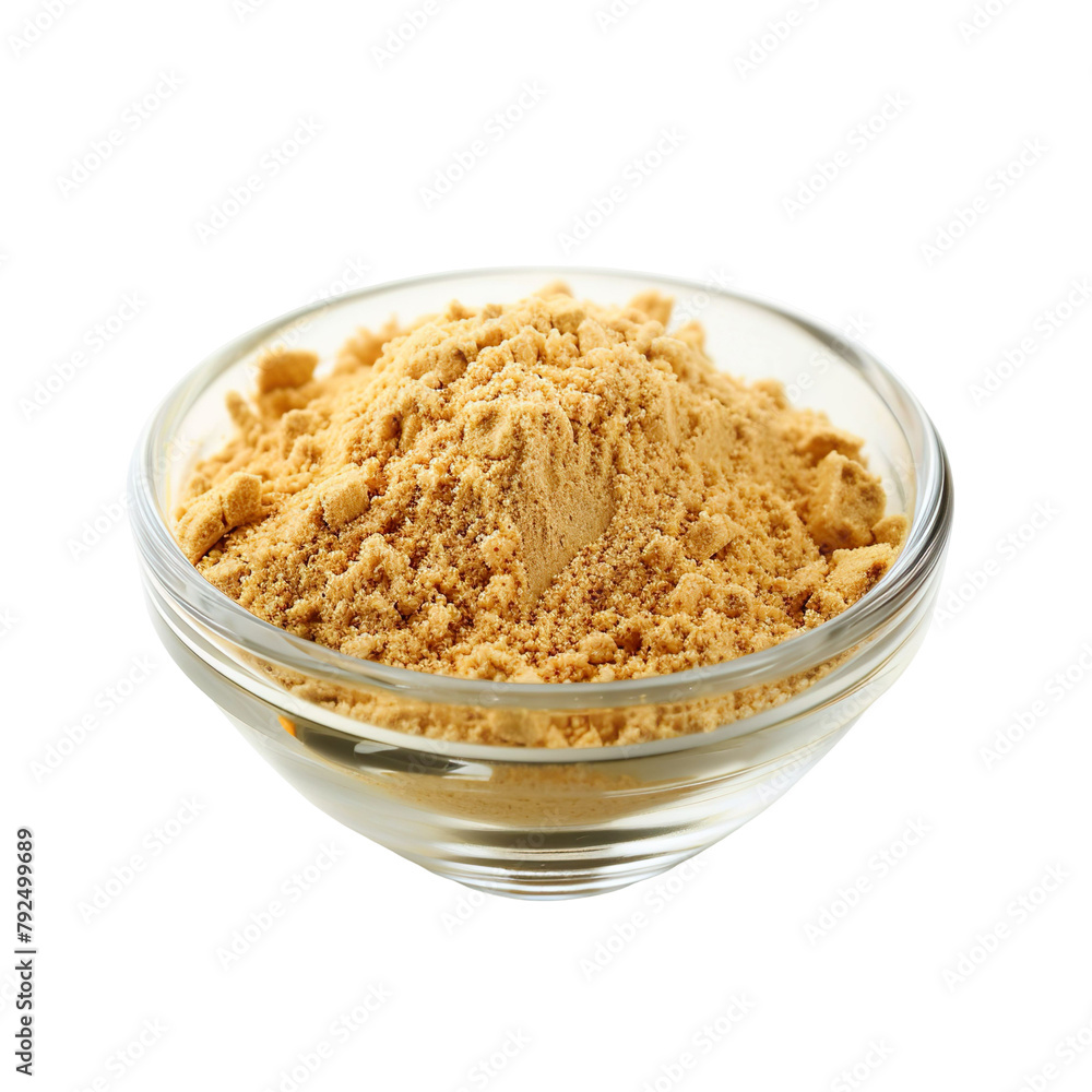 Extreme Front view of powdered Fenugreek in a small glass bowl isolated on a white transparent background Extreme Front view of powdered Fenugreek in a small glass bowl isolated on a white transparent background
