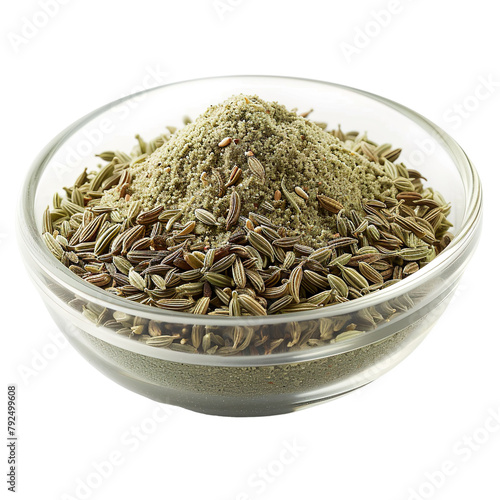 Extreme Front view of powdered Fennel Seeds in a small glass bowl isolated on a white transparent background photo