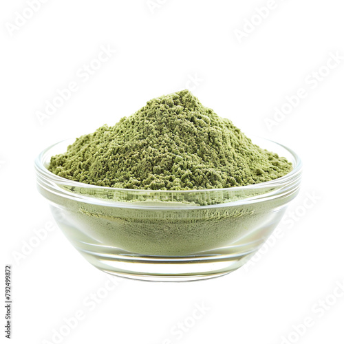 Extreme Front view of powdered Lemongrass in a small glass bowl isolated on a white transparent background photo