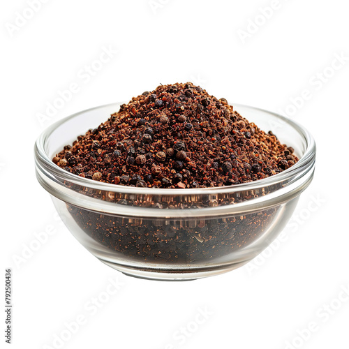 Extreme Front view of powdered Sichuan Peppercorns in a small glass bowl isolated on a white transparent background photo