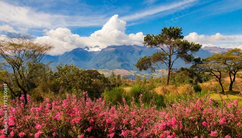 Serenity in Bloom  Tranquil Scene with Pink Peaks  Azure Sky  and Floating Flowers 