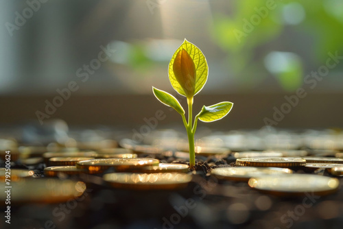 Golden sprout atop coins, representing prosperity, expansive text space, background clean, hopeful photo