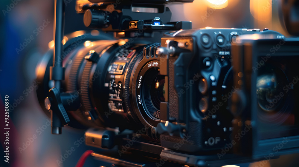Professional camera closeup in studio ,film camera in studio for shooting ,Behind the scenes of filming and video production is a professional camera outdoor, cinema equipment