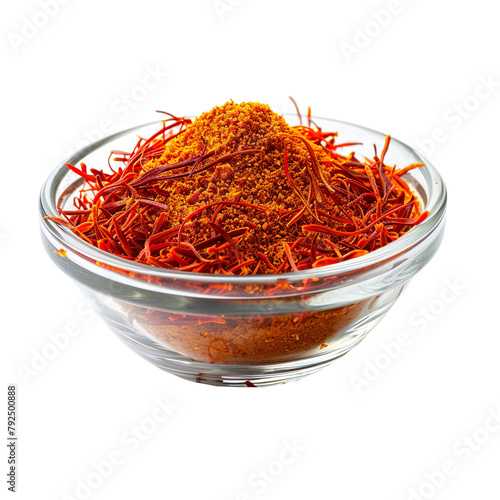 Extreme Front view of powdered saffron in a small glass bowl isolated on a white transparent background