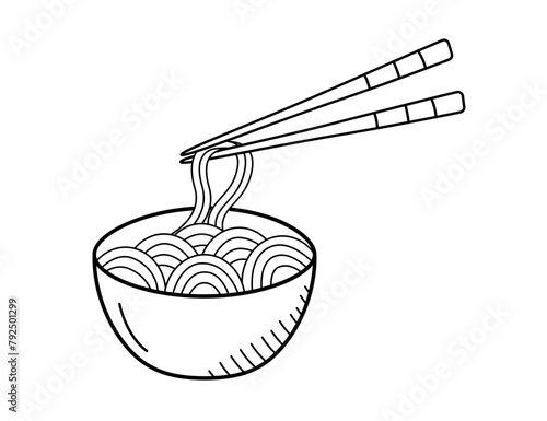 Soup with noodles, eggs, and shrimp in a bowl. Vector illustration of Asian cuisine, doodle icons for restaurant menus.
