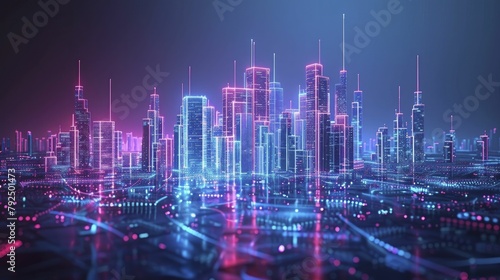 3D rendered futuristic hologram city, suspended in sky with vivid neon outlines, minimal style